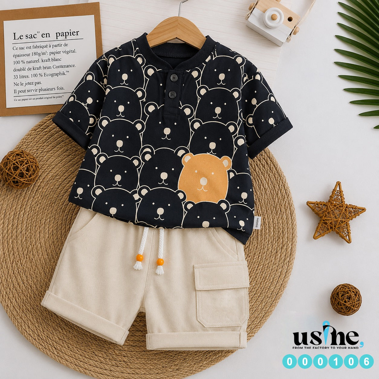 000106 Boys' set: T-shirt and shorts with bear drawstring