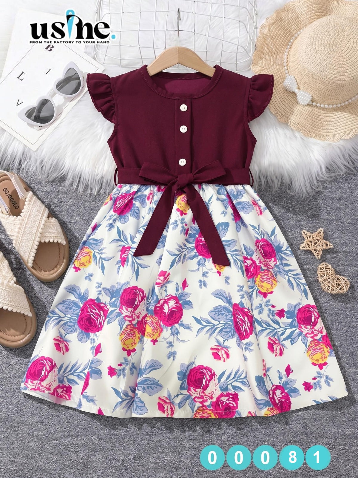 00081 فستان بناتي منقوش بلون نبيتي