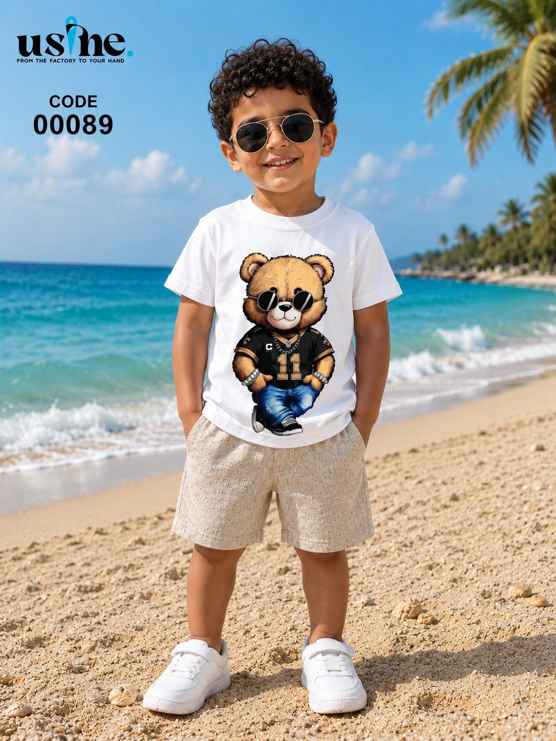 00089 Teddy bear T-shirt with chain and beige shorts