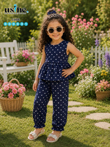 00031 Girls' two-piece set: navy polka dot blouse and pants