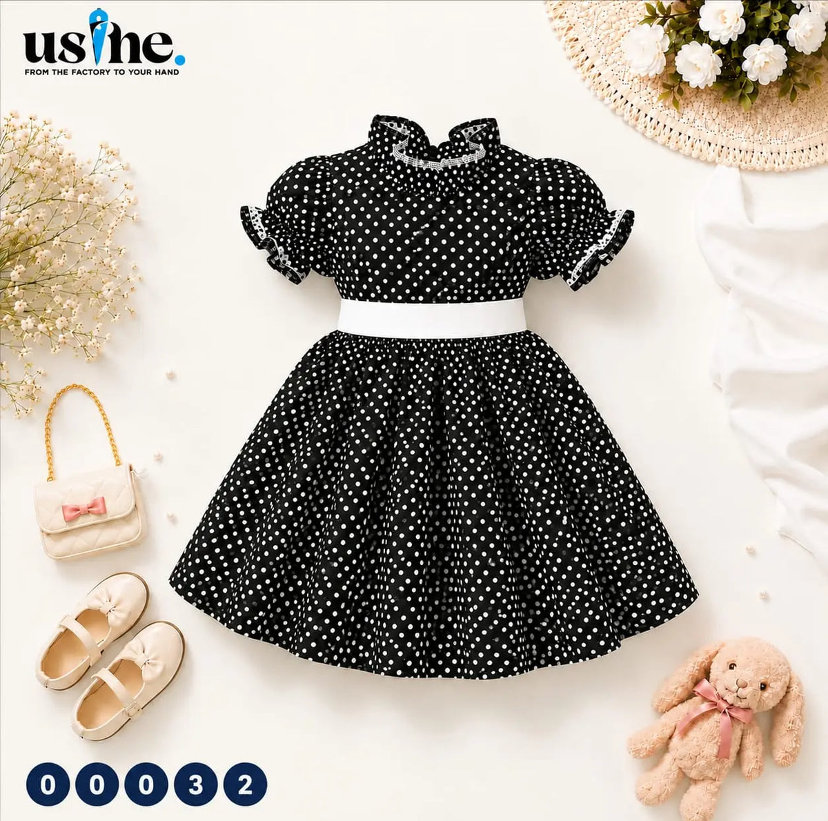 00032 فستان بناتي منقط بحزام Usine