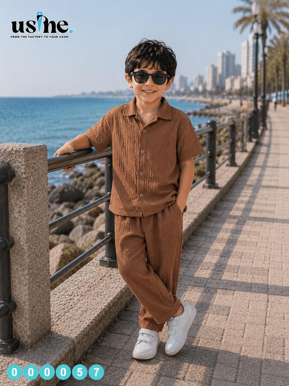 00057 She sewed a two-piece outfit for my children: a button-down shirt and trousers.