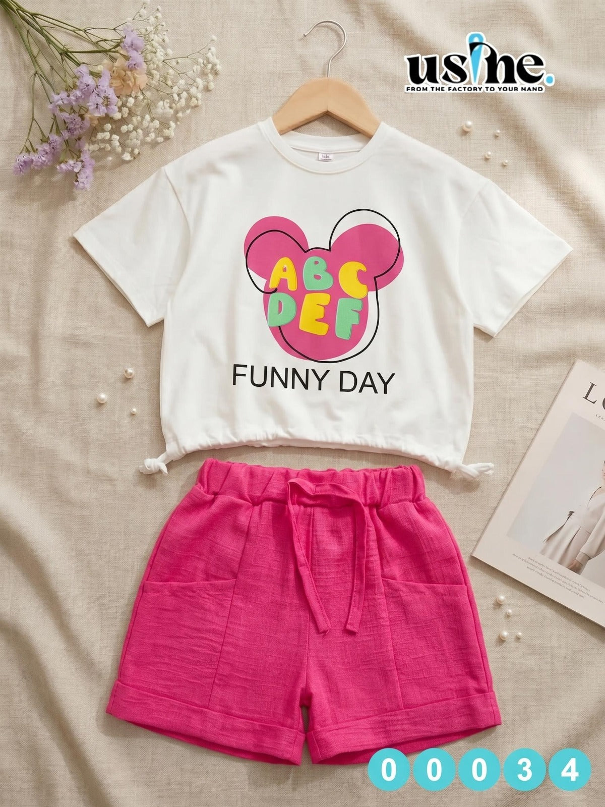 00034 Girls' set, T-shirt and Mickey Mouse shorts