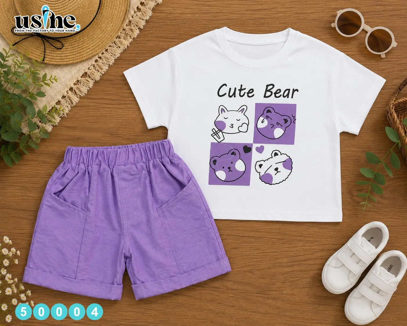 50004 طقم بناتي تيشيرت و شورت موف كيوت بير Usine