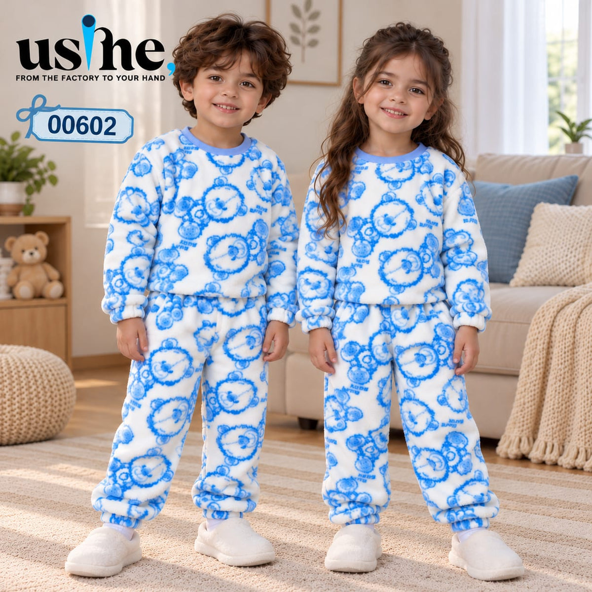 00602 Baby boys' and girls' 2-piece fleece fur heater set with teddy bear prints – light blue