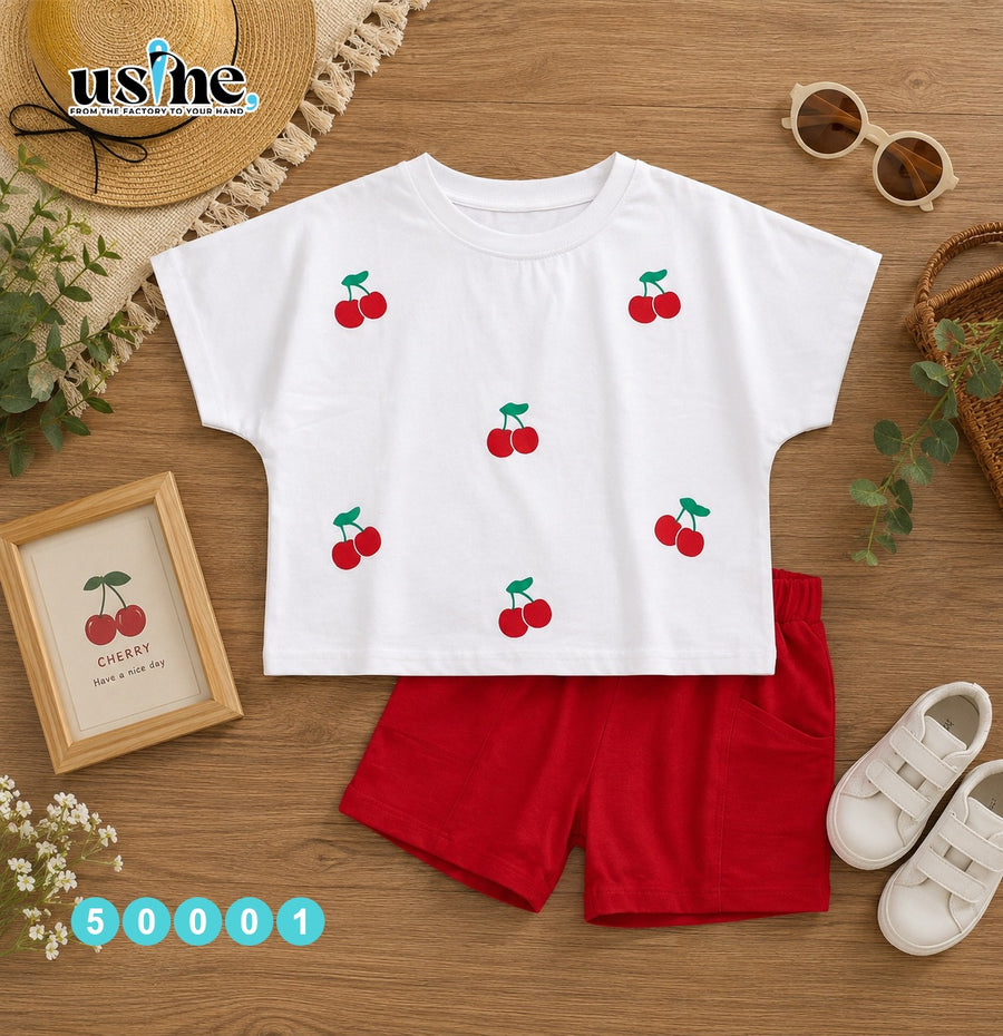 50001 Girls' set t-shirt and shorts, red cherry