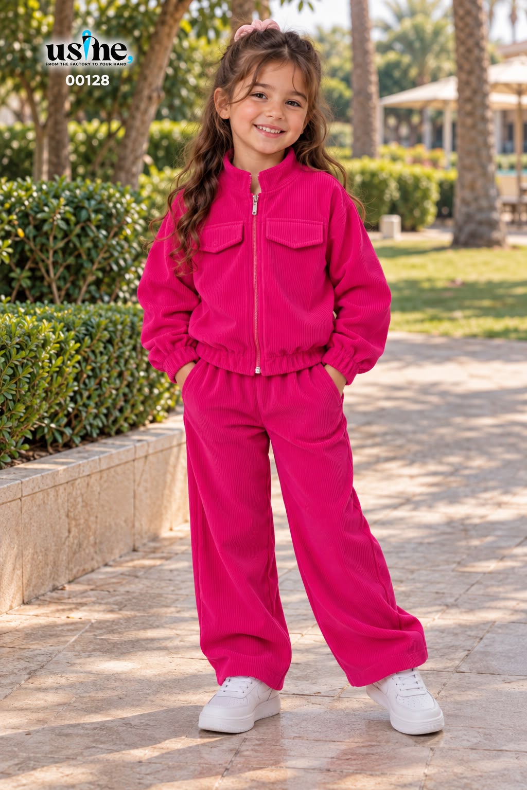 000128 Girls’ Fuchsia Velvet Two-Piece Set – Zip-Up Jacket & Pants
