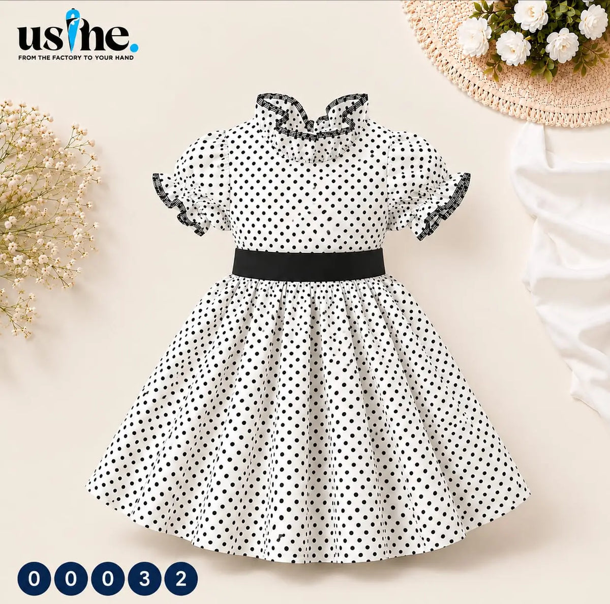 00032 فستان بناتي منقط بحزام Usine