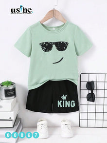 00067 Kids' Summer T-shirt and Shorts Set with Glasses