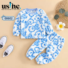 00602 Baby boys' and girls' 2-piece fleece fur heater set with teddy bear prints – light blue