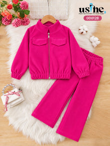 000128 Girls’ Fuchsia Velvet Two-Piece Set – Zip-Up Jacket & Pants
