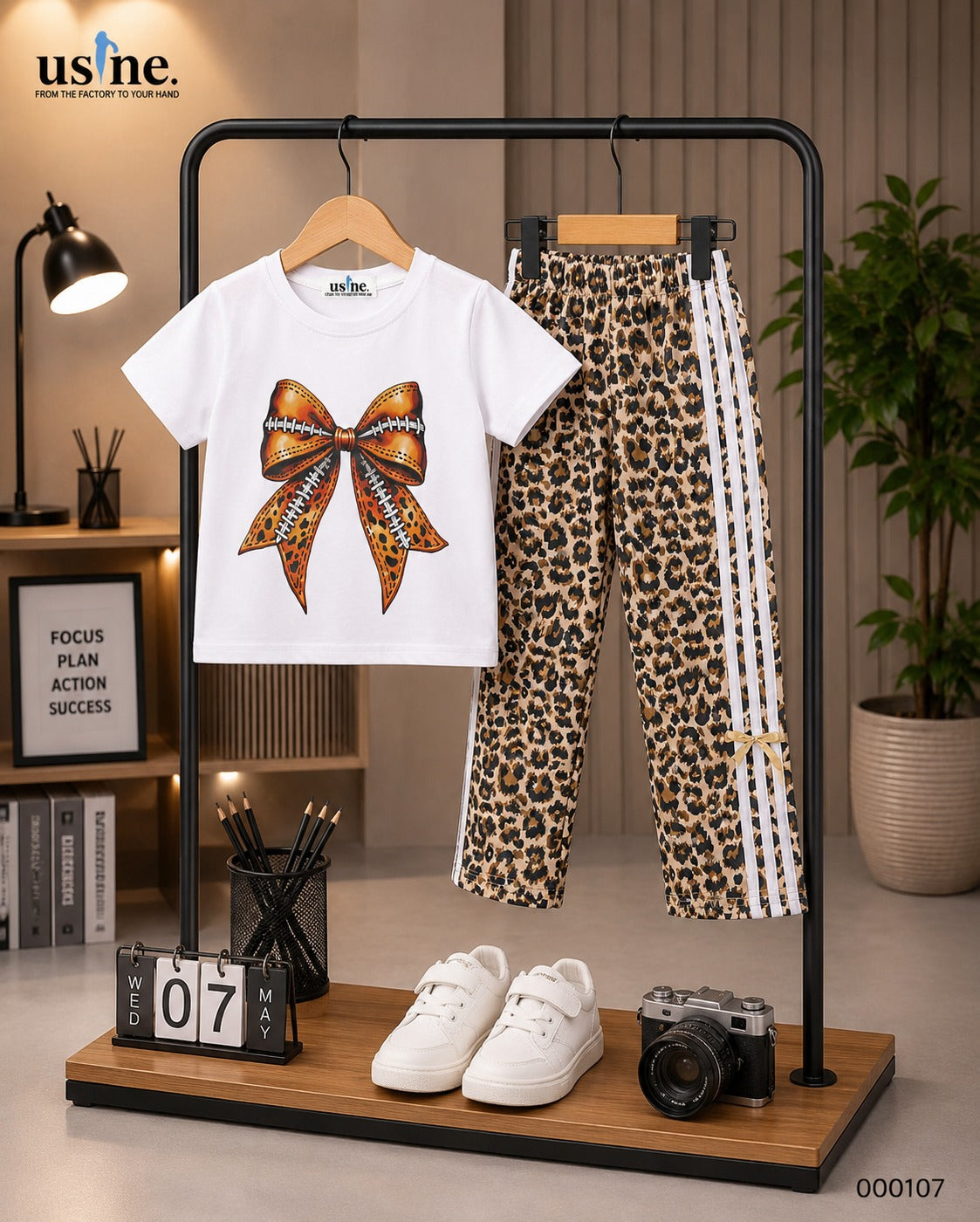000107 Girls' set: bow t-shirt and tiger print trousers with white stripe