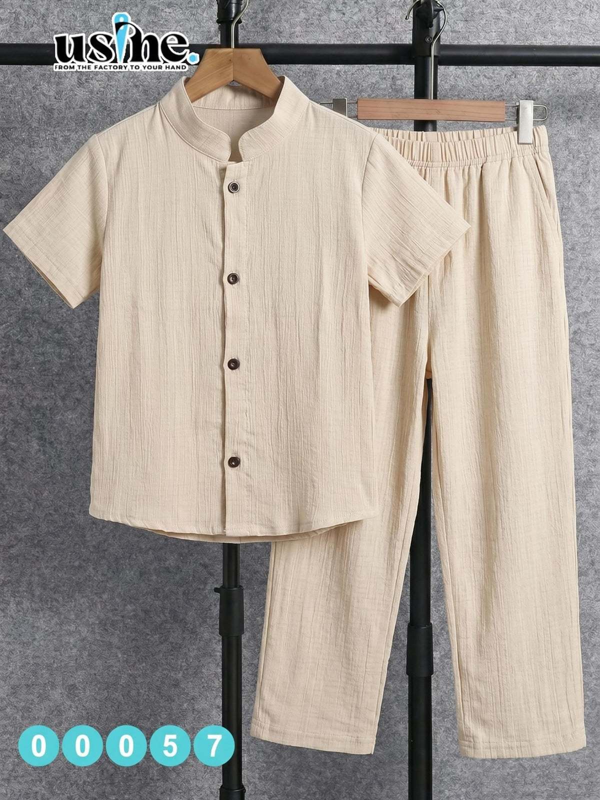 00057 She sewed a two-piece outfit for my children: a button-down shirt and trousers.