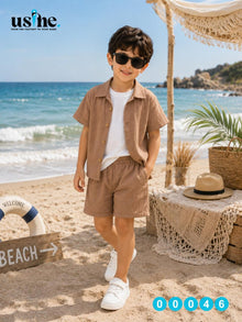 00046 Kids 3-piece set: coffee shirt and shorts, and a white t-shirt