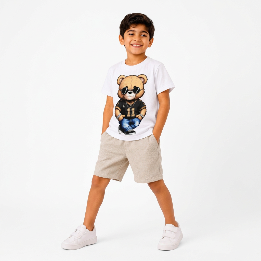 00089 T-shirt with bear and chain and beige shorts