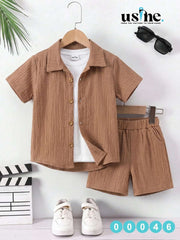 00046 Kids 3-piece set: coffee shirt and shorts, and a white t-shirt