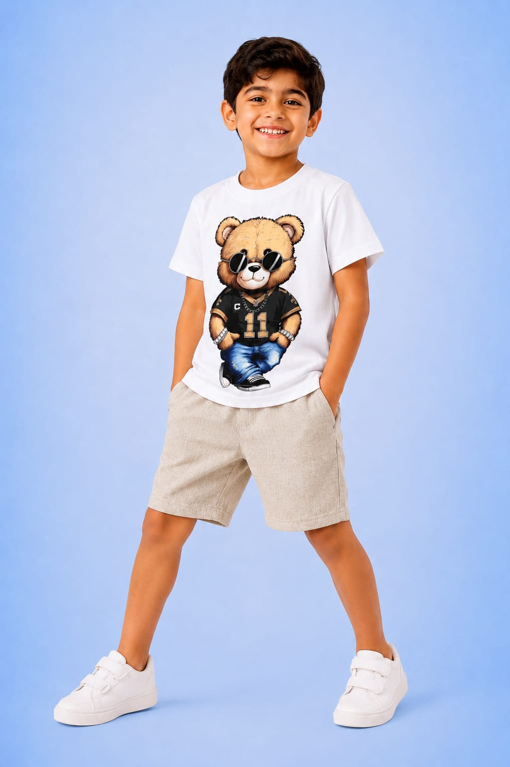 00089 Teddy bear T-shirt with chain and beige shorts