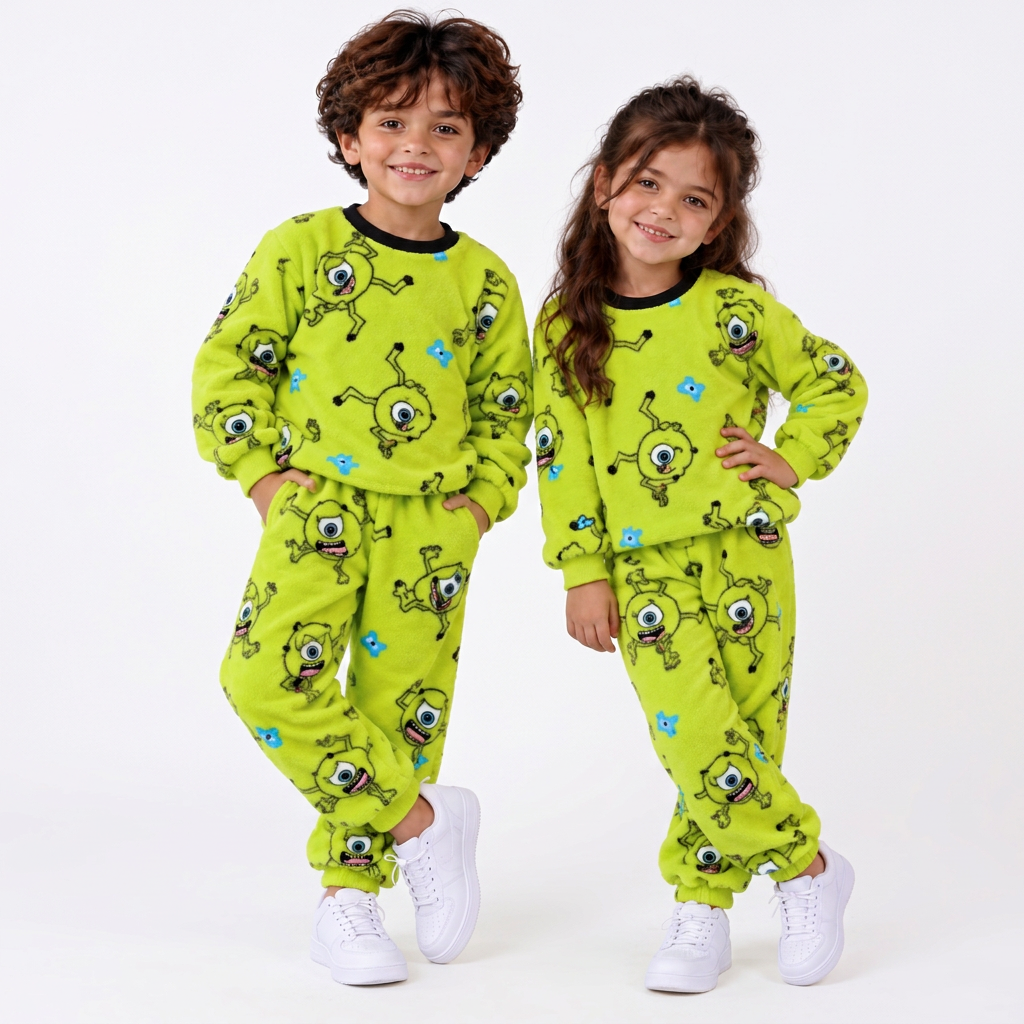 00600 Boys' & Girls' 2-Piece Polar Fleece Warm Set – "Corti the Boogeyman" Print – Lemon Yellow