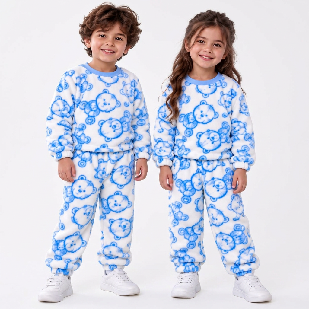 00602 Baby boys' and girls' 2-piece fleece fur heater set with teddy bear prints – light blue