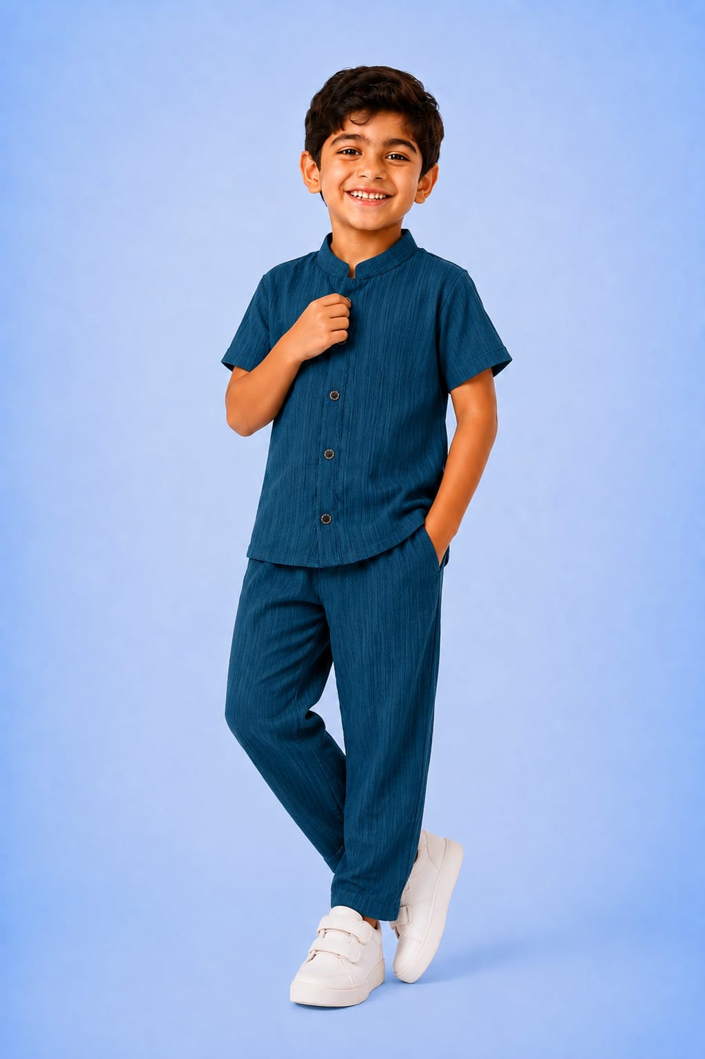 00057 She sewed a two-piece outfit for my children: a button-down shirt and trousers.