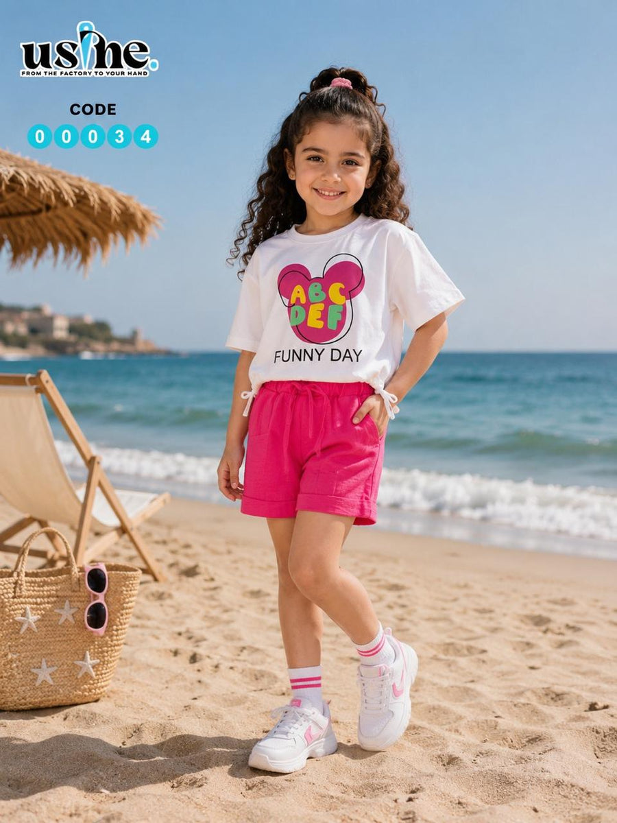 00034 Girls' set, T-shirt and Mickey Mouse shorts
