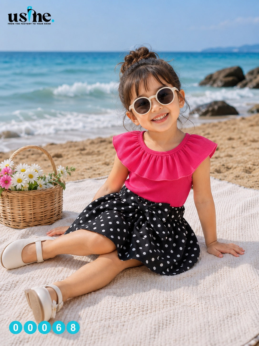 00068 Girls' outfit, polka dot blouse and skirt