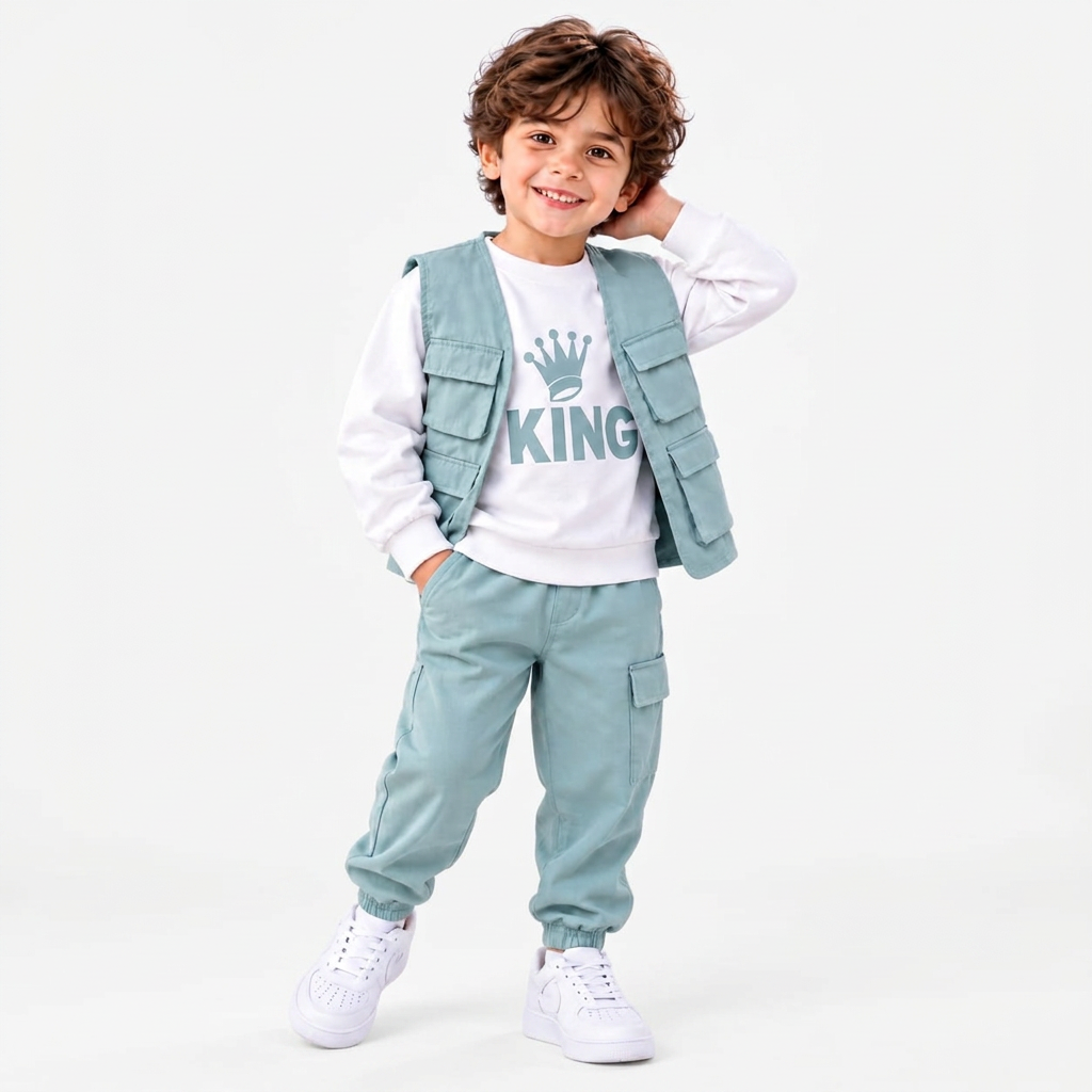 000122 Three-piece boys' set: Gabardine vest and trousers with a king-size single lycra T-shirt.