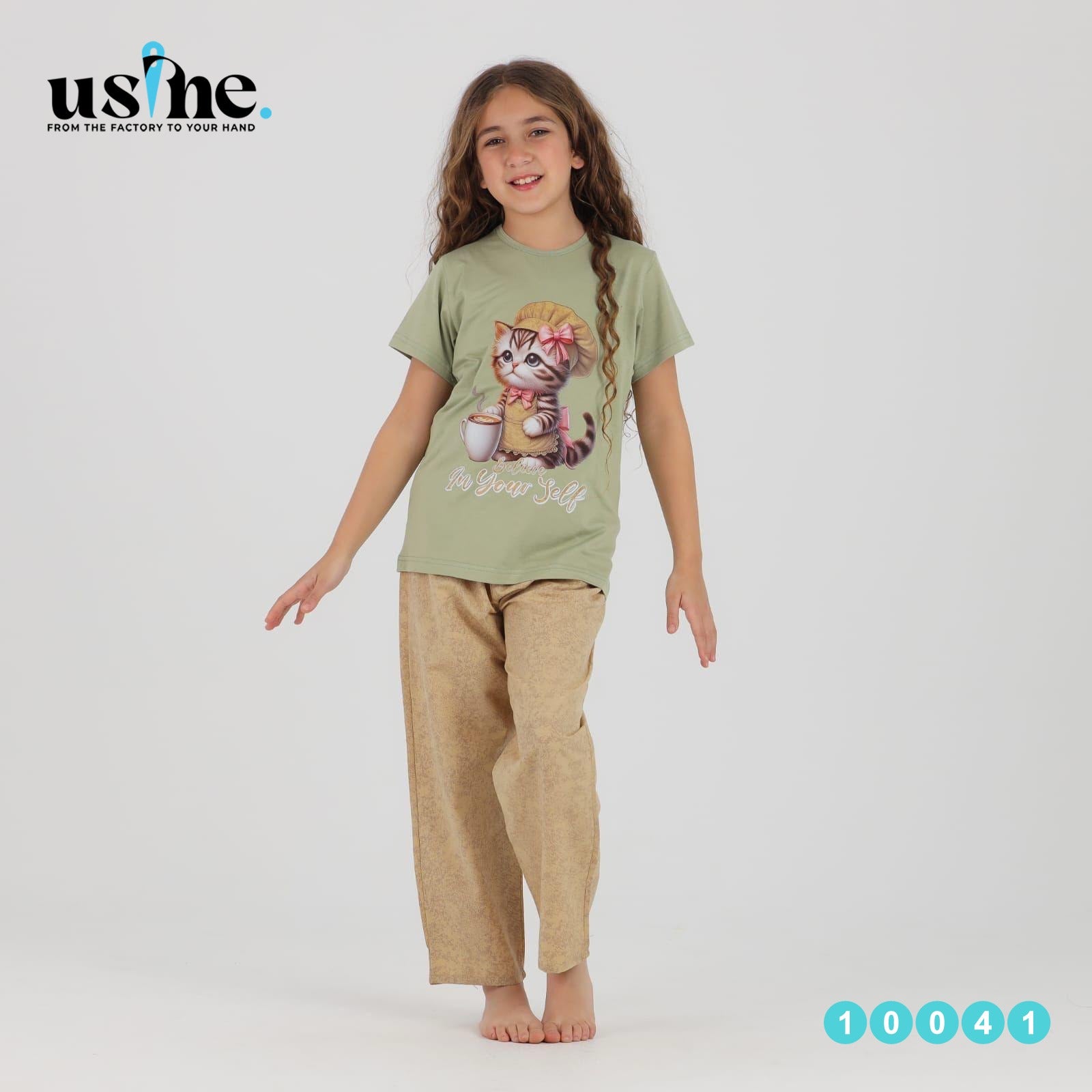 Girl's Olive Cat Pajamas