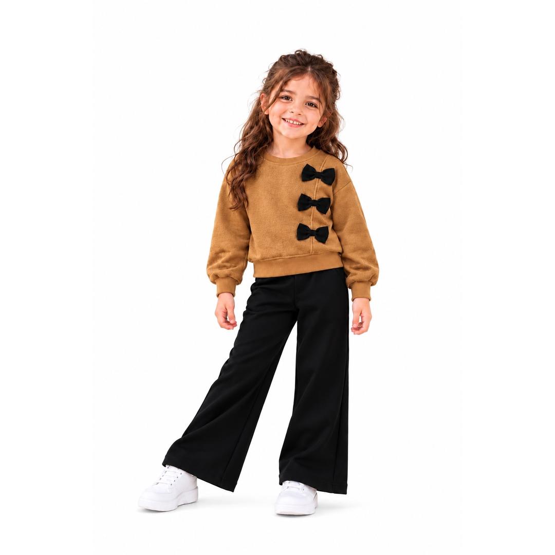 Girls’ Two-Piece Faux Suede Winter Set with Black Bows - 000130

