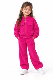 000128 Girls’ Fuchsia Velvet Two-Piece Set – Zip-Up Jacket & Pants