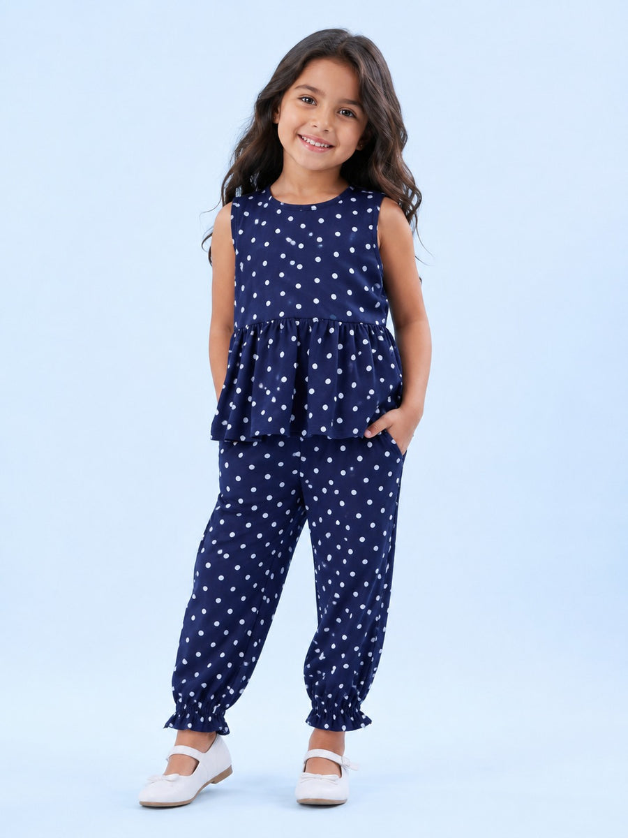 00031 Girls' two-piece set: navy polka dot blouse and pants