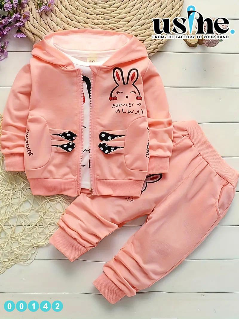 00142 Girls' 3-piece outfit: trousers, sweatshirt, and kitty ear jacket