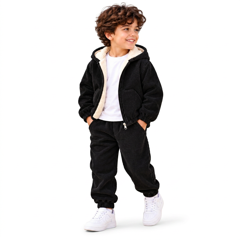 000125 Boys' two-piece velour set: fur-lined jacket and black trousers