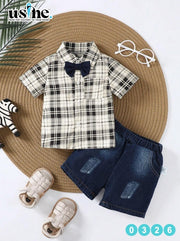 0326 Kids' Outfit: Bow Shirt and Denim Shorts