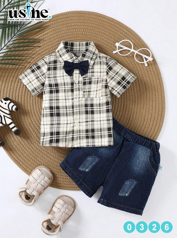 0326 Kids' Outfit: Bow Shirt and Denim Shorts