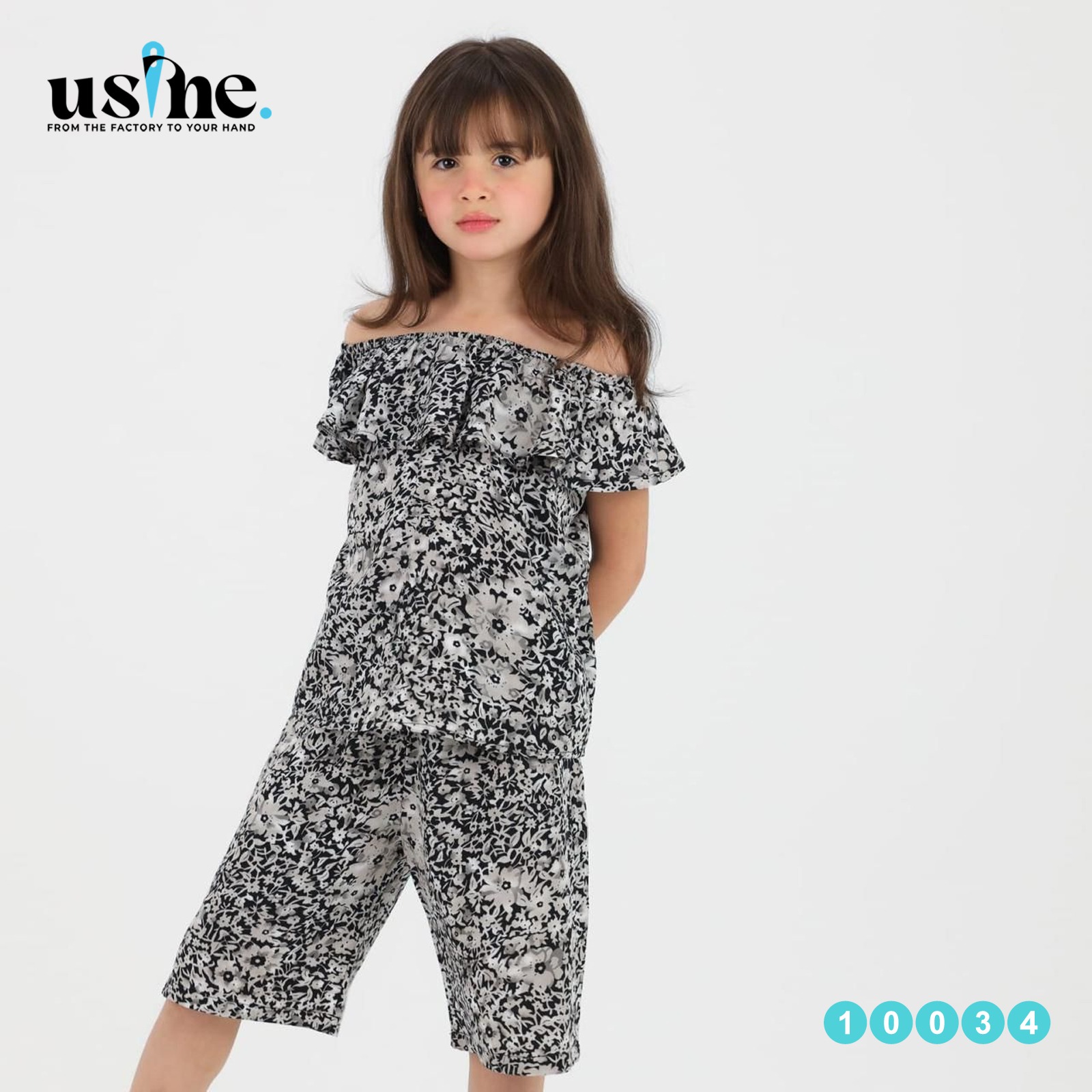 10034 طقم بناتى اوف شولدر وشورت مشجر