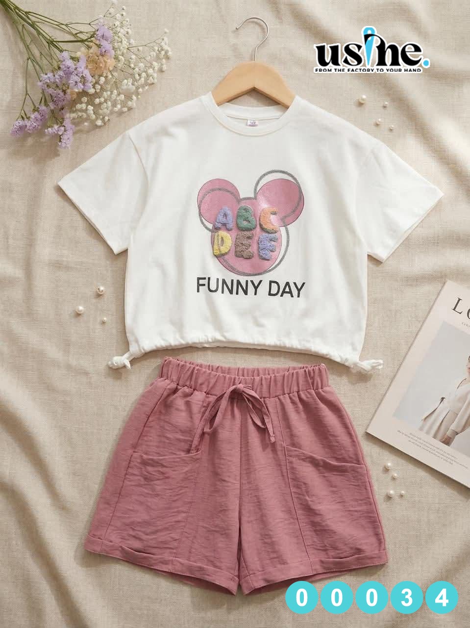 00034 طقم بناتي تيشيرت و شورت ميكي