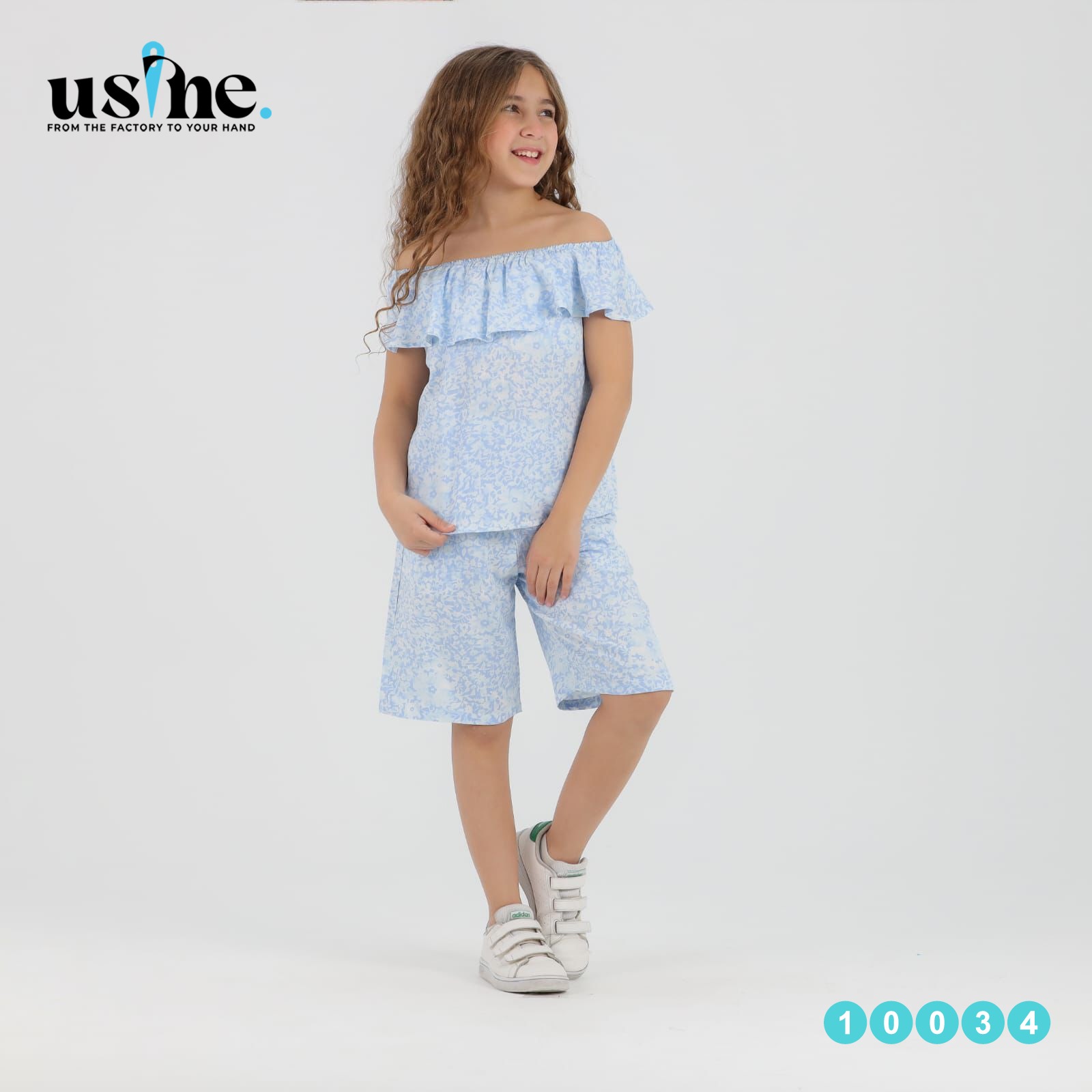 10034 طقم بناتى اوف شولدر وشورت مشجر