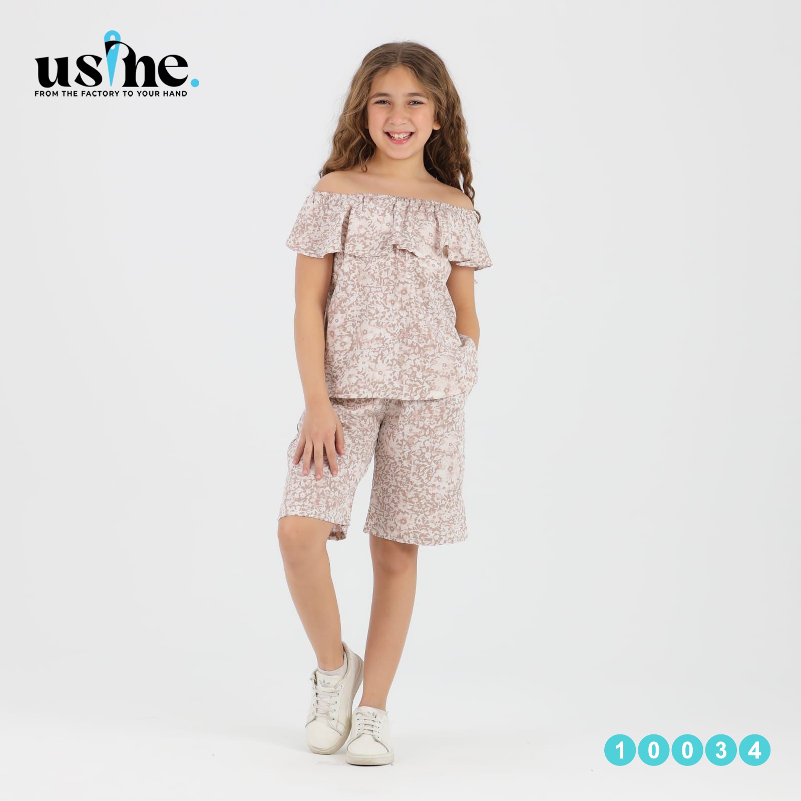 10034 طقم بناتى اوف شولدر وشورت مشجر